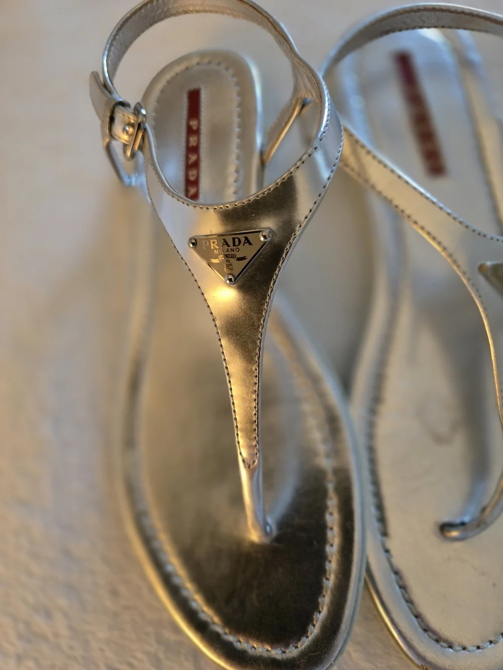 Prada Silver Leather T-Strap Sandals
